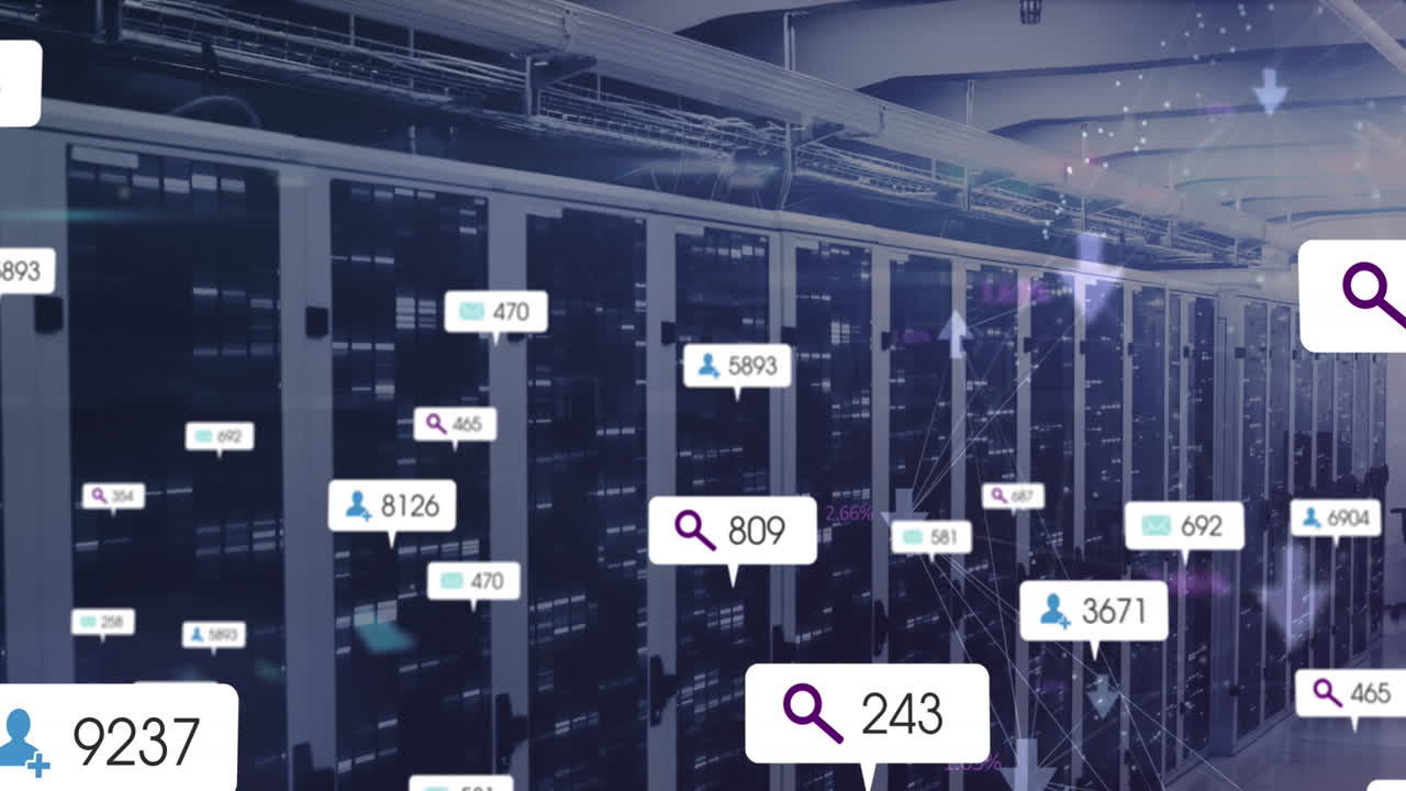 Animation of social media icons and data processing over computer servers