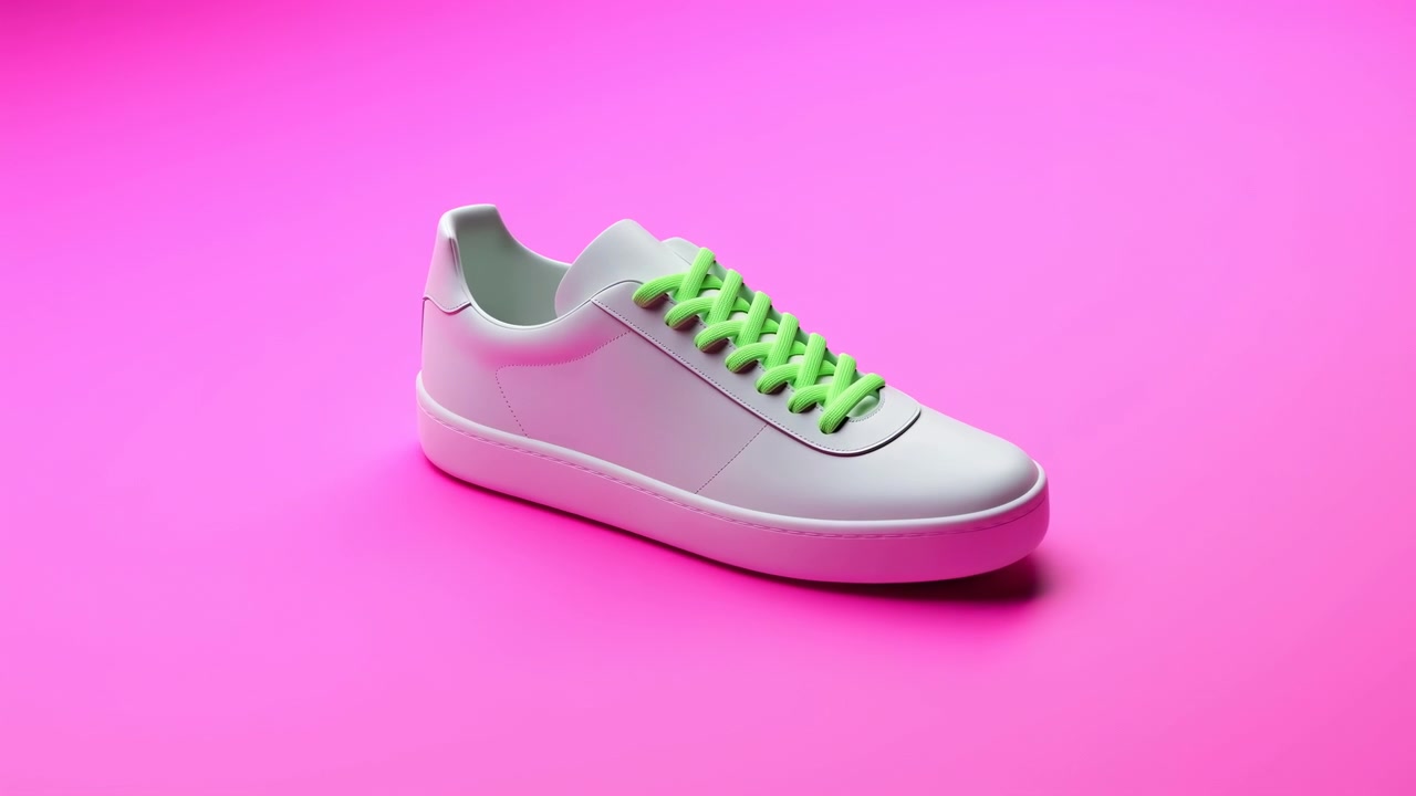 Hvid sneaker på levende lyserød baggrund, neongrønne snørebånd, vinklet nærbillede af studieproduktfoto med blød skygge.