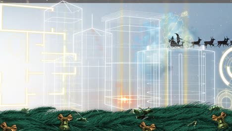 animación de formas sobre la ciudad y santa en trineo en navidad