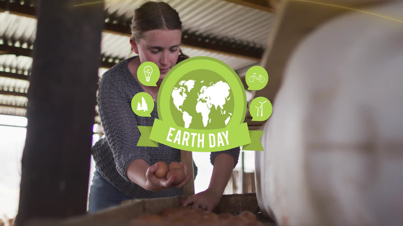 Collecting eggs, woman in barn with Earth Day animation over environmental icons