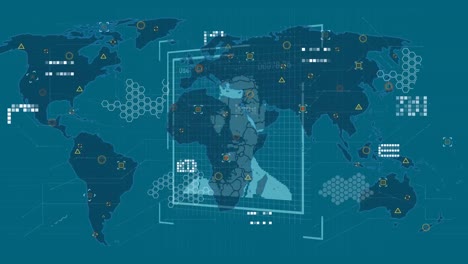 Animation-Der-Datenverarbeitung-Mit-Personenporträts-über-Einer-Weltkarte-Auf-Blauem-Hintergrund