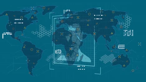 Animación-Del-Procesamiento-De-Datos-Con-Retratos-De-Personas-Sobre-El-Mapa-Mundial-Sobre-Fondo-Azul