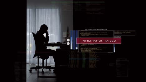 el hombre en la computadora falla al intentar piratear en internet: la infiltración de superposición digital falló