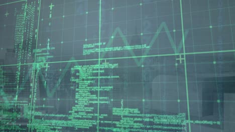 Animación-Del-Procesamiento-De-Datos-A-Través-De-La-Red-Grid-Frente-A-La-Vista-Aérea-Del-Paisaje-Urbano.