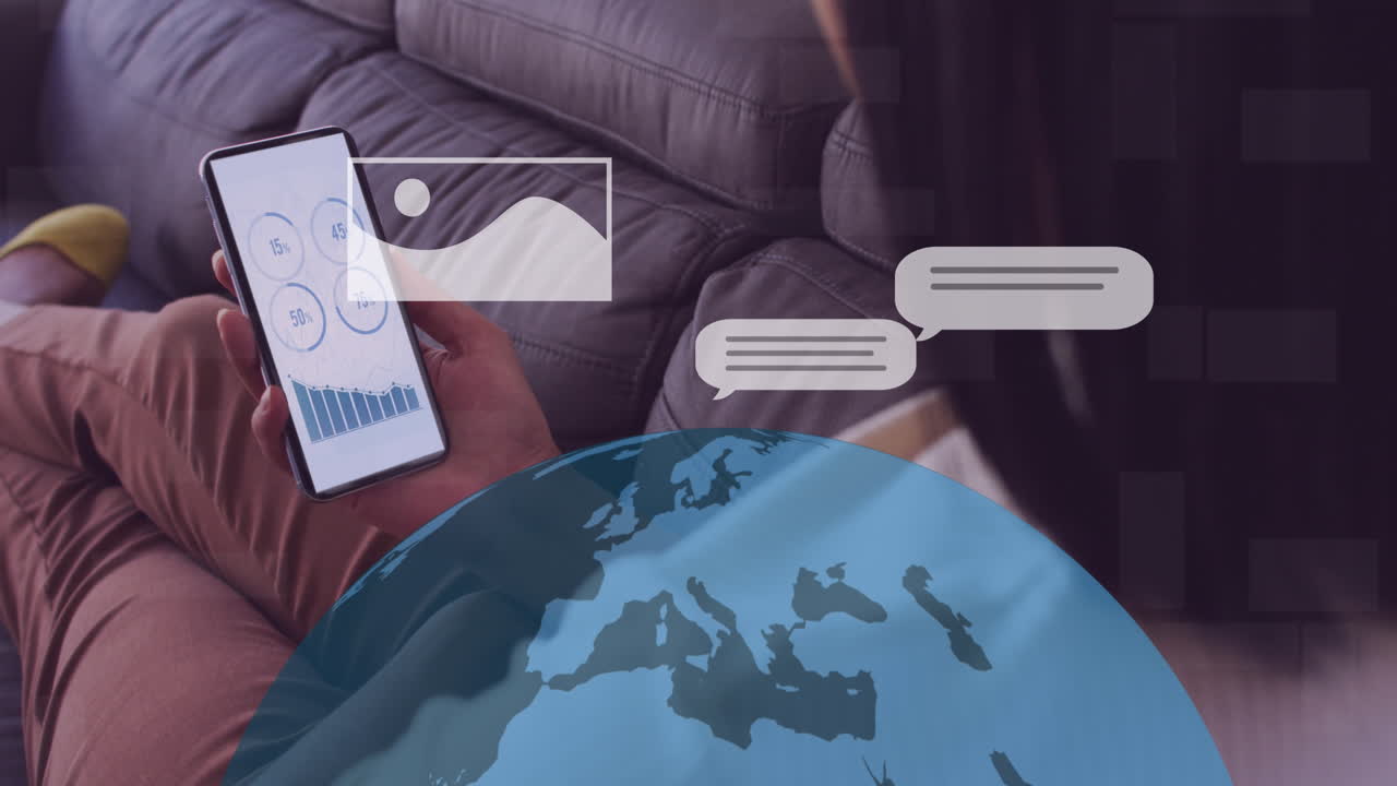 Animation of ai data processing over woman using smartphone and globe