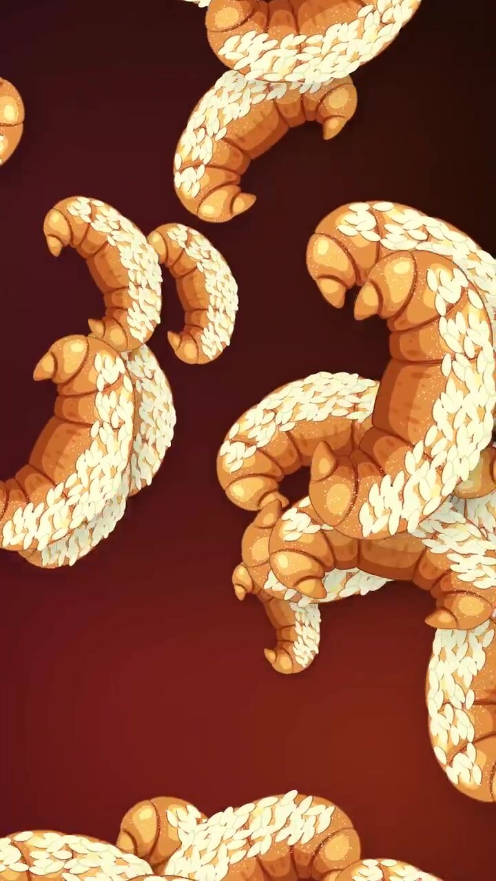 Stylized 3D croissants tumble and rotate through a vertical frame against a dark red backdrop.