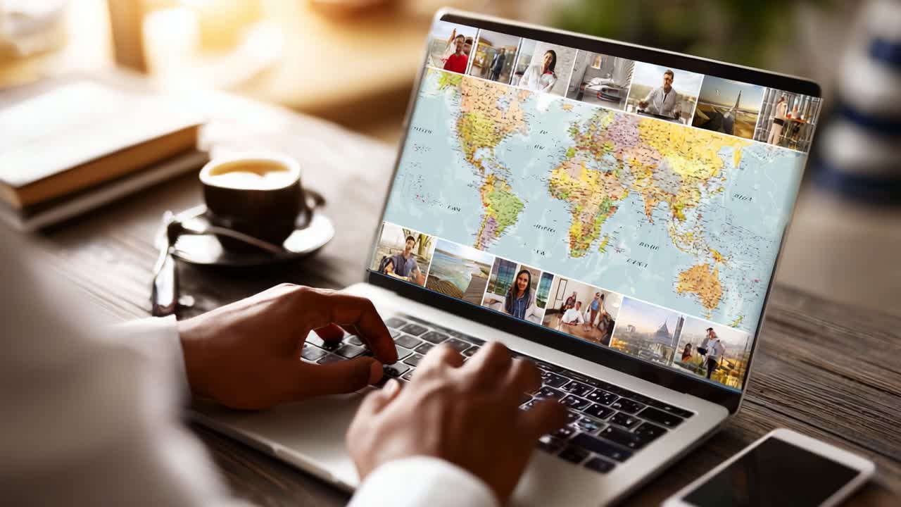 A Close-Up of a Laptop Displaying a Colorful World Map Surrounded by Images of Diverse Landscapes and People, Highlighting Exploration and Global Connections