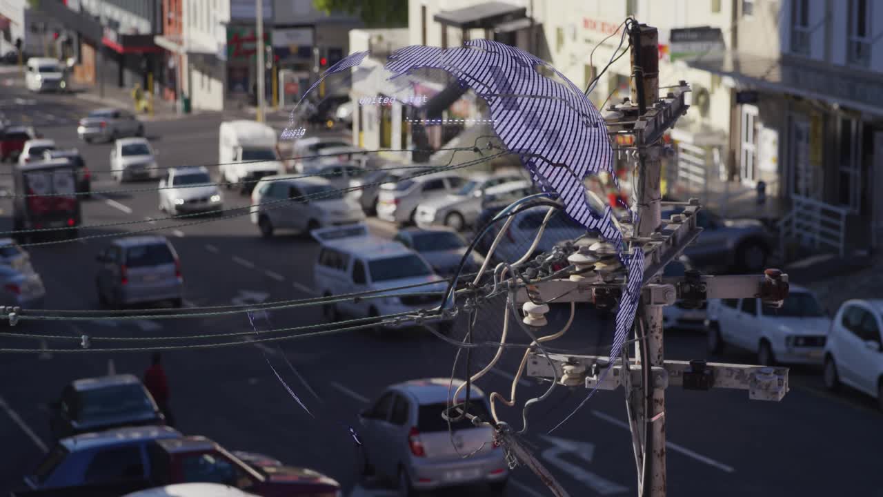 Pixel appearing near utility pole, forming spinning mesh globe labeling continents, dissolving back