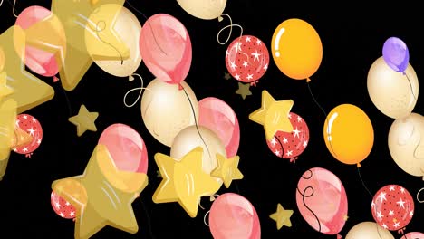 Animation-Mehrerer-Bunter-Luftballons-über-Sternen-Auf-Schwarzem-Hintergrund