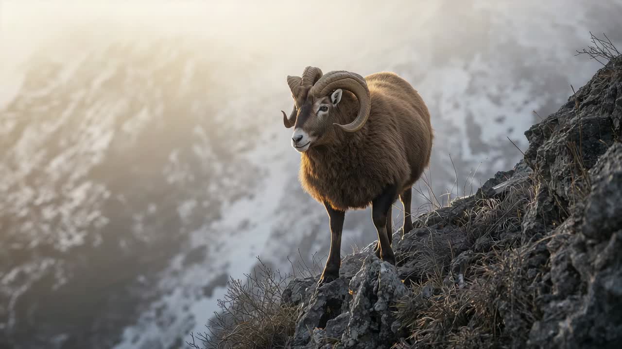 Vektendring, moden hannsau som går nedover en bratt, steinete fjellside, og viser store, krøllete horn