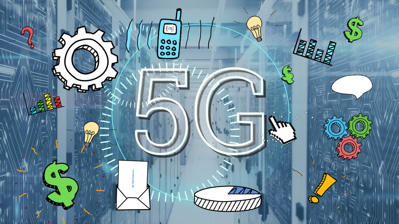 animazione di icone aziendali e testo 5g sulla sala server