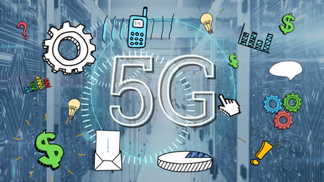 animación de iconos de negocios y texto 5g en la sala del servidor