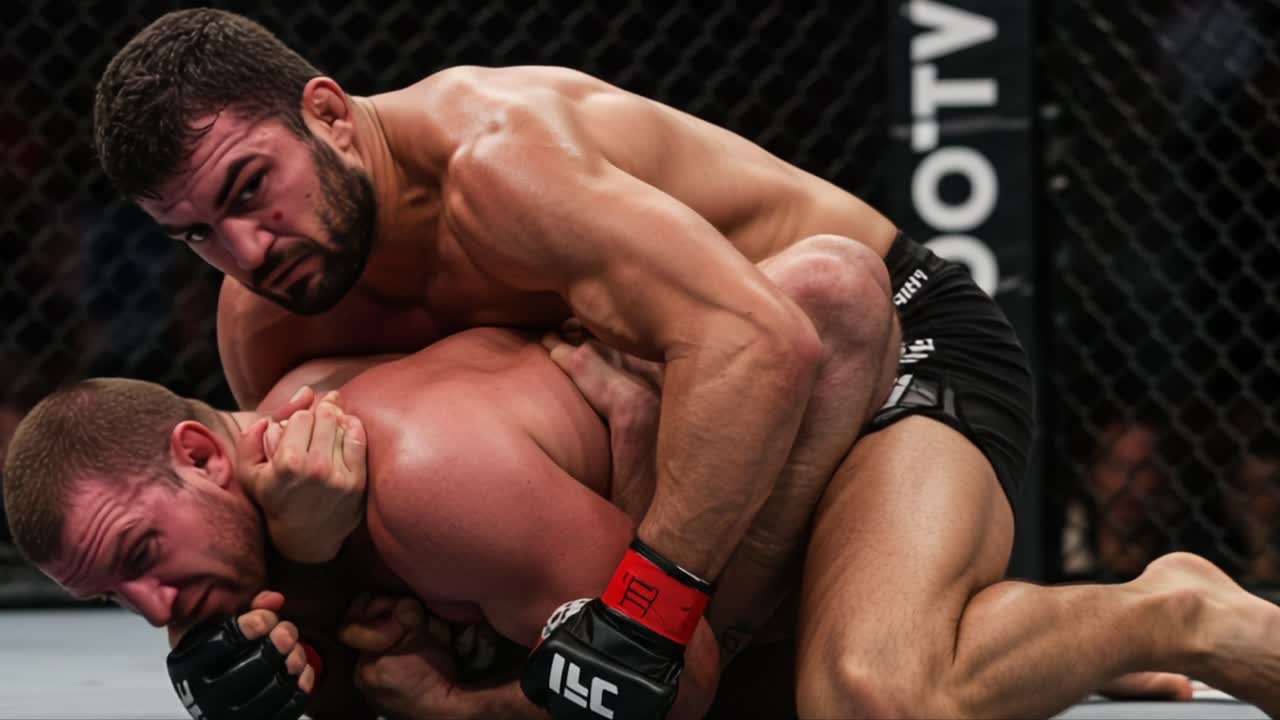 Intense Grappling Action: A Moment of Dominance in Mixed Martial Arts Displaying Skill and Strategy in the Octagon