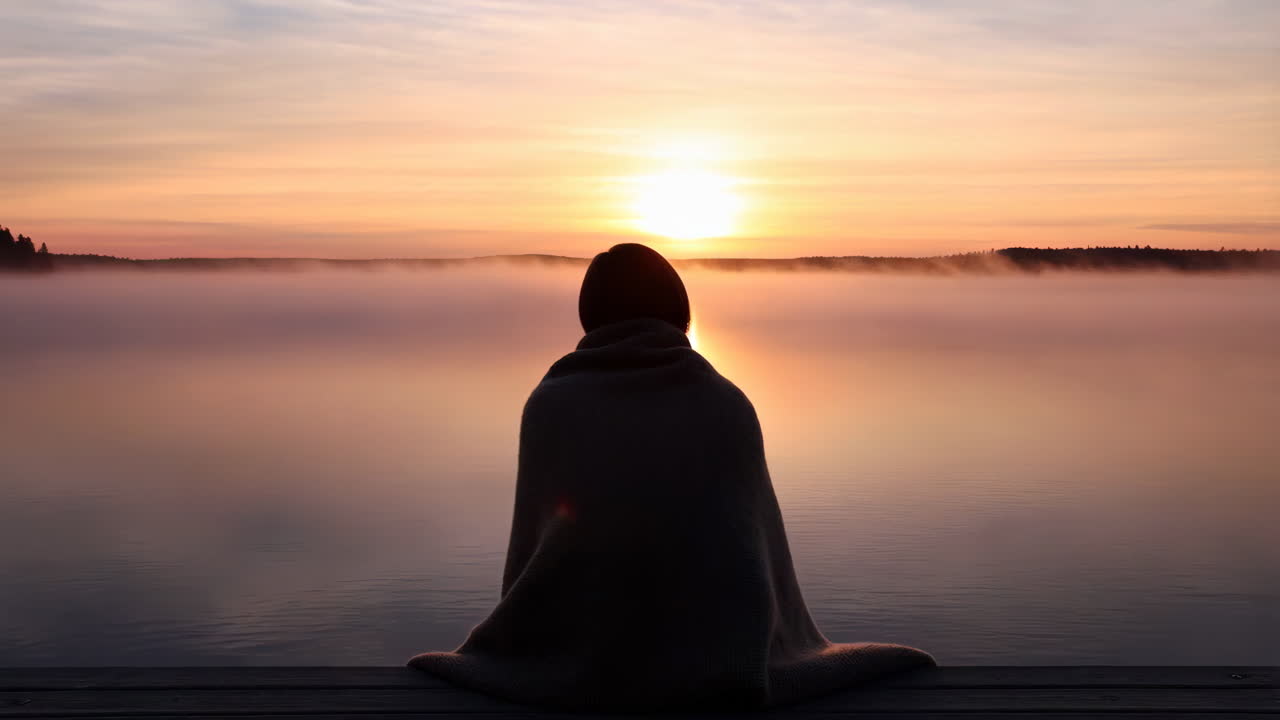 Woman wrapped in a blanket sitting by a lake at sunrise