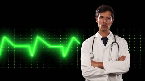 Animation-of-life-line-over-caucasian-doctor-on-black-background