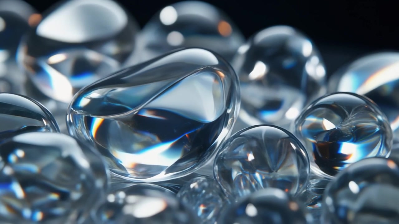 Macro Close-up of Transparent Glass Spheres Reflecting Light
