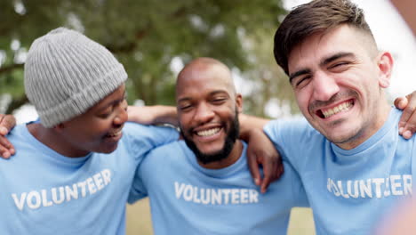 happy man, volunteer and hug in selfie for eco