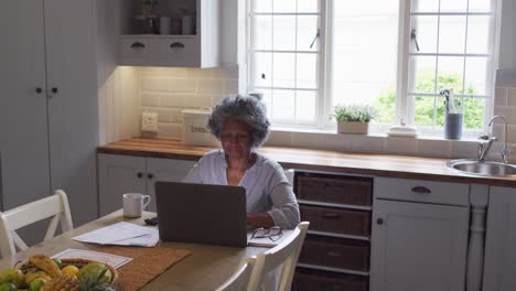 Ältere-Afroamerikanische-Frau-Benutzt-Laptop-Und-Berechnet-Zu-Hause-Finanzen