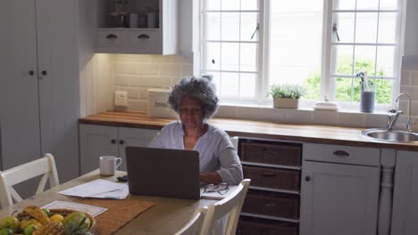 senior african american woman using laptop and calculating finances at home