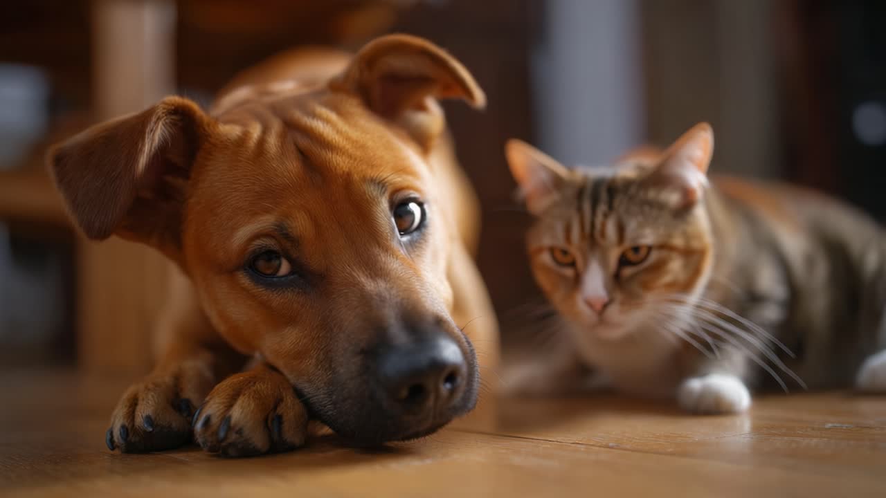 Ein herzerwärmender Moment: Ein Hund und eine Katze entspannen gemeinsam in einem gemütlichen Innenraum auf einem Holzboden und strahlen Freundschaft und Kameradschaft aus