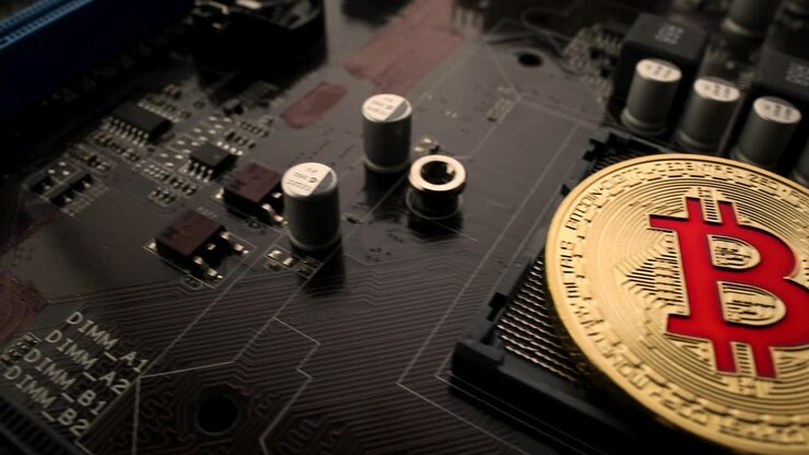 Monete BTC Gold Bit Coin sulla scheda madre. Bitcoin è una criptovaluta mondiale e un sistema di pagamento digitale chiamato la prima valuta digitale decentralizzata.