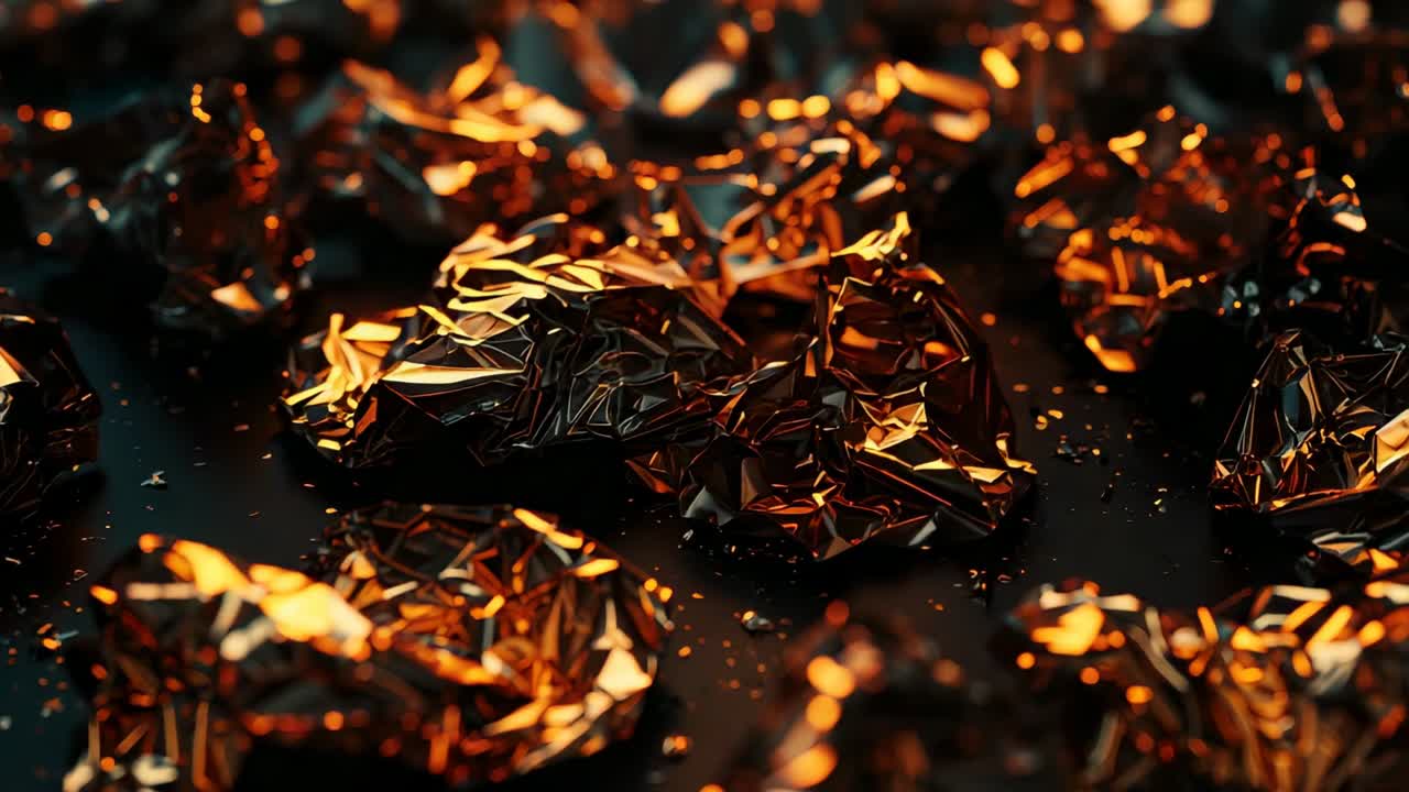 Moving camera causing focus shifting, revealing foil fragments on black platform in amber light