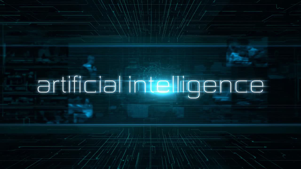 Forming neon-blue beam, glowing artificial intelligence text appearing across virtual data grid