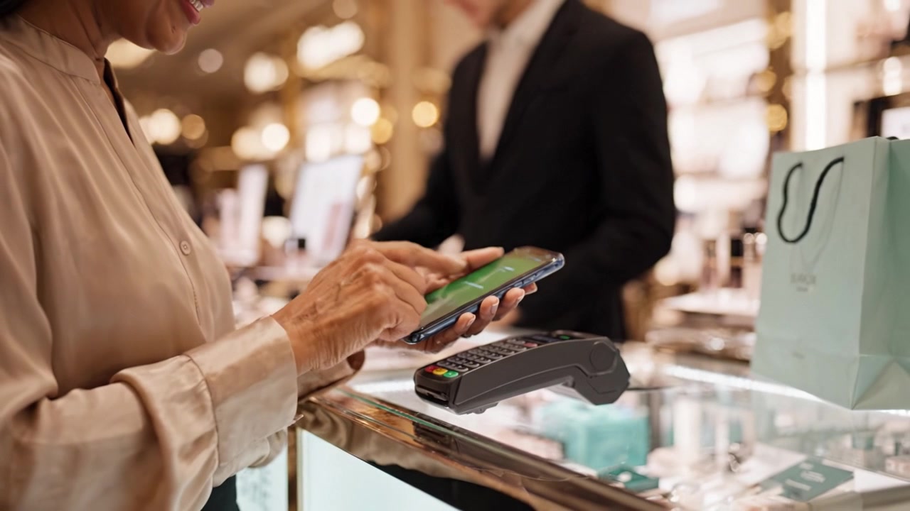 A customer completes a purchase using a smartphone for payment at a retail store, interacting with the cashier, highlighting modern shopping technology and convenience.