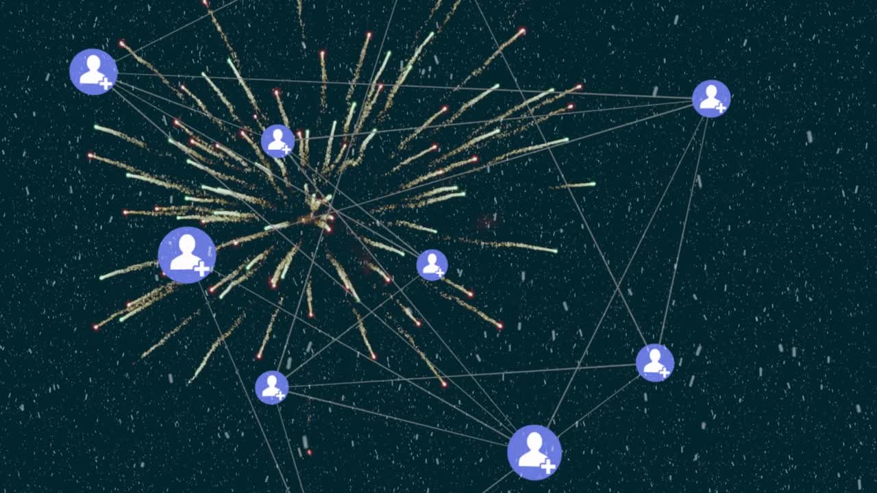 Central firework bursting, network nodes expanding, revealing profiles, showing plus signs, mapping