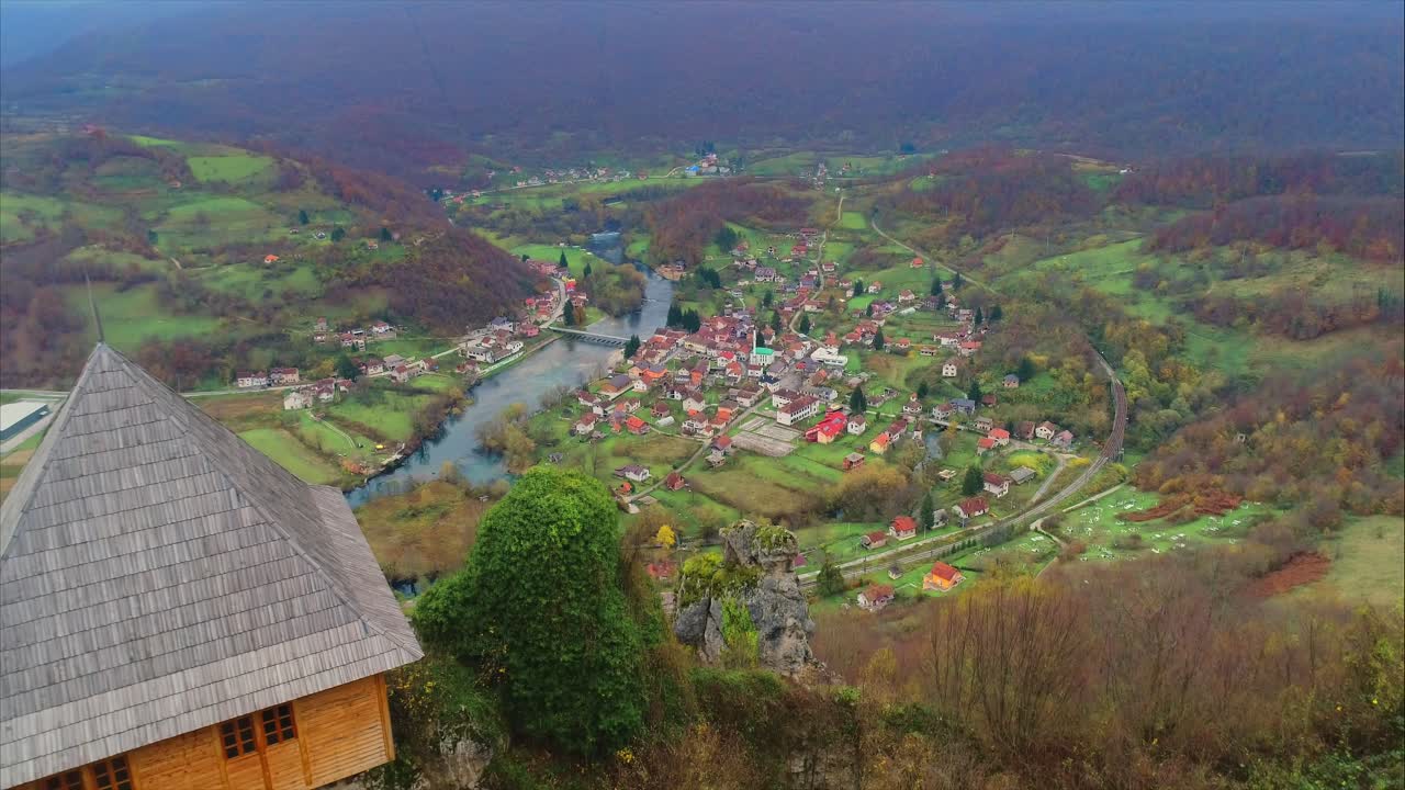 Slowly flying up revealing the cute village of Jablanica, Bosnia. Aerial drone view
