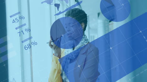 animation of financial data processing over african american businesswoman in office