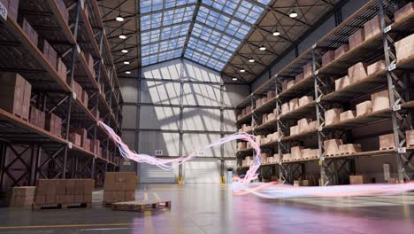 spacious industrial warehouse interior with high shelves stacked with cardboard boxes and pallets, glass ceiling allowing natural light, and motion blur trails representing. logistics, .