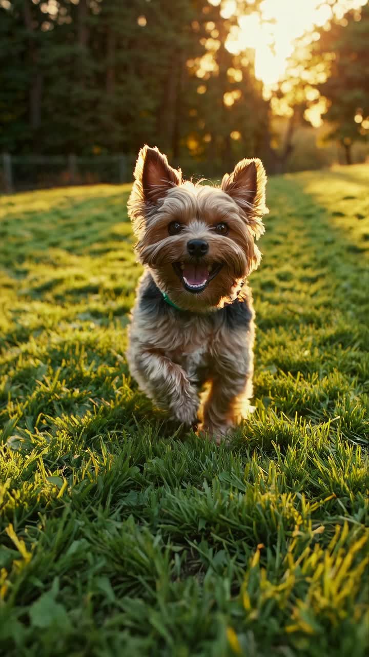 A low-angle video still of a small dog running on grass, capturing a joyful, sunlit moment