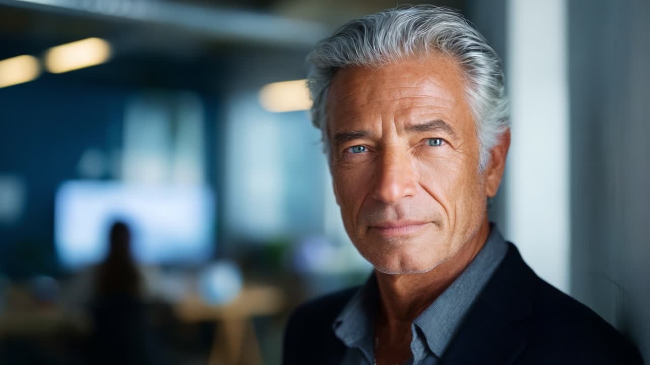 Confident Mature Man in Professional Attire with Distinctive Silver Hair Posing Against a Contemporary Office Background, Exuding Calm and Assurance