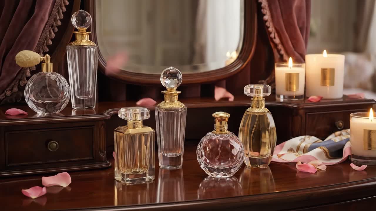 Bottiglie di profumo di lusso con candele e petali di rosa che cadono