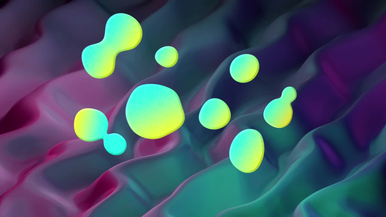 Animation of blue and yellow 3D shapes forming over blue and purple liquid background