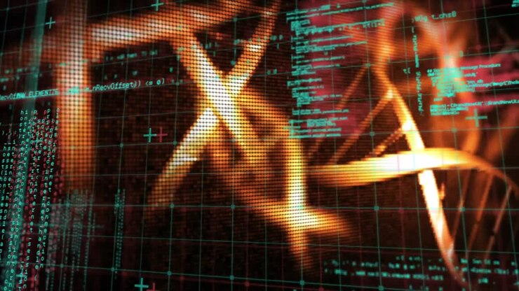 Animation of glowing dna helix and programming language against grid pattern