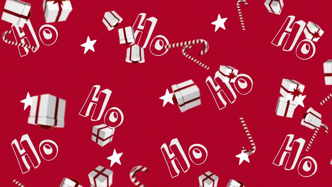 animación de texto ho ho ho con estrellas y bastones de caramelo de navidad y regalos sobre fondo rojo