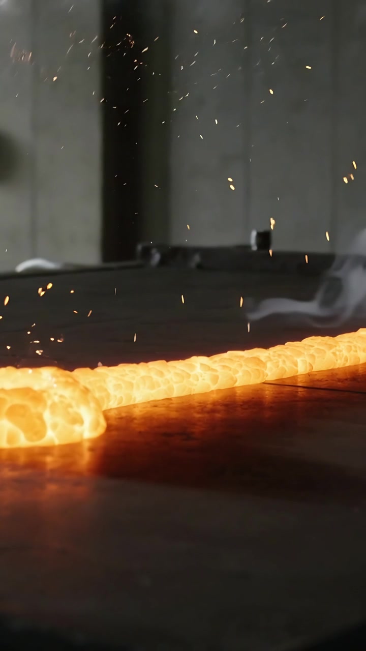 Video verticale: Striscia fusa incandescente che scorre su una piastra metallica, con scintille che si sprigionano e fumo che sale.