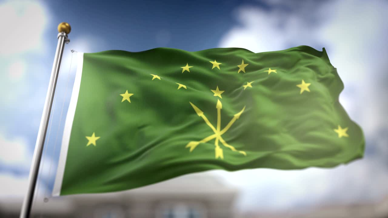 Adygea Flag Waving Slow Motion 3D Rendering Blue Sky Background - Seamless Loop 4K