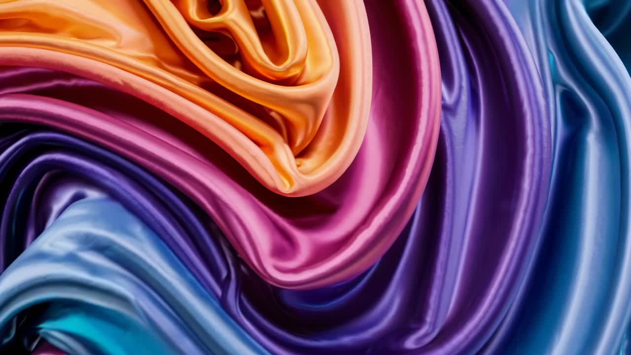 Video di tessuto di raso viola e arancione che cattura la texture liscia e i colori vivaci da una posizione ribassata