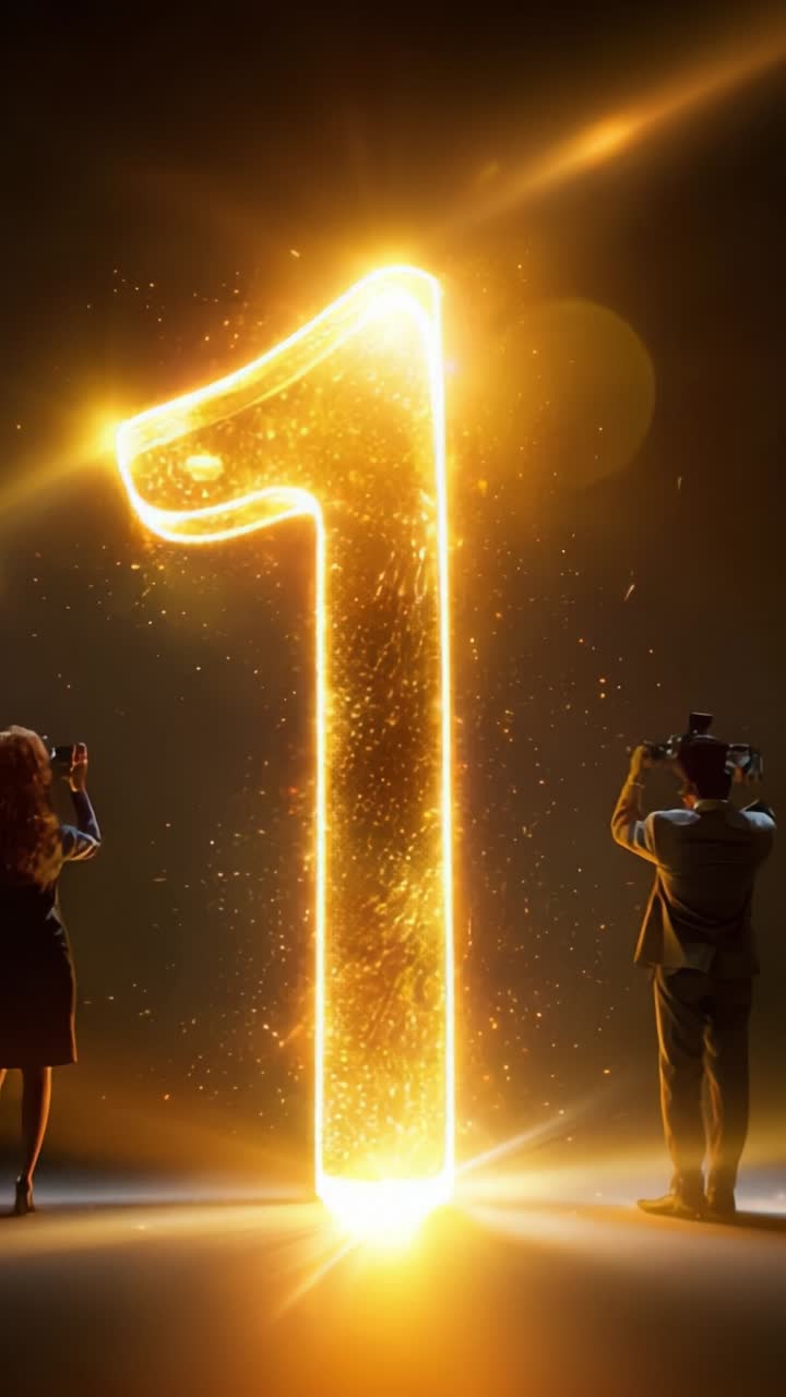 Illuminated Number One with Sparkling Effects Surrounded by Two Figures Capturing the Moment, Emphasizing Celebration and Significance in a Glowing Ambiance