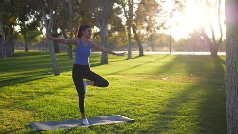 una hermosa joven yogui casi se cae y pierde el equilibrio en una postura de yoga de manos de oración de una pierna en una alfombra en el parque al amanecer