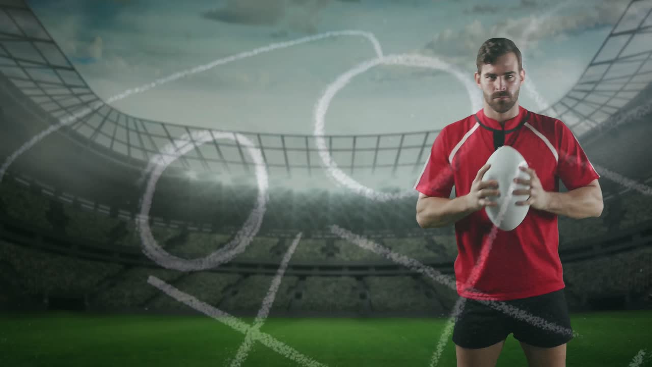 프로 럭비 선수 가 스포츠 경기장 앞 에 서 있는 4k