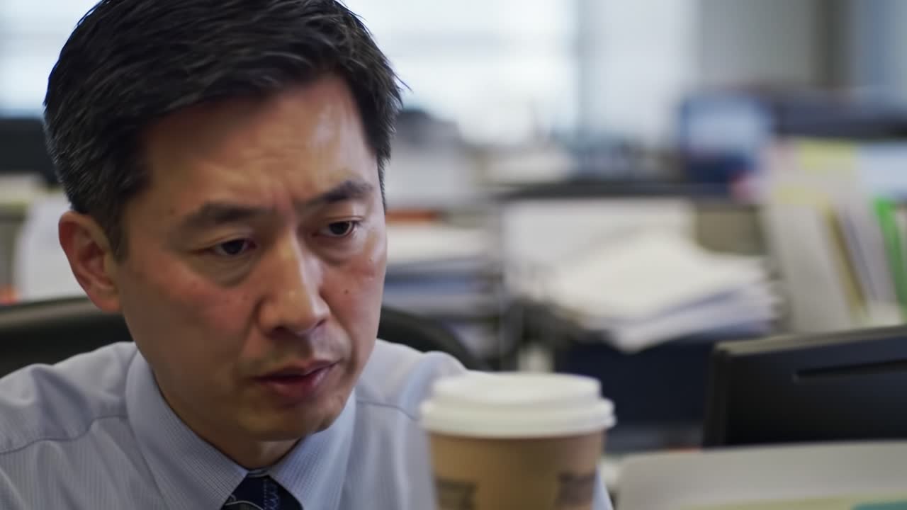 Focused Professional Analyzing Data in a Busy Office Environment, Capturing the Essence of Concentration Amidst Daily Work Demands and Responsibilities