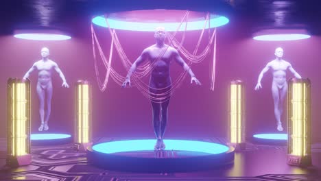 cybernetic human suspended in a futuristic installation