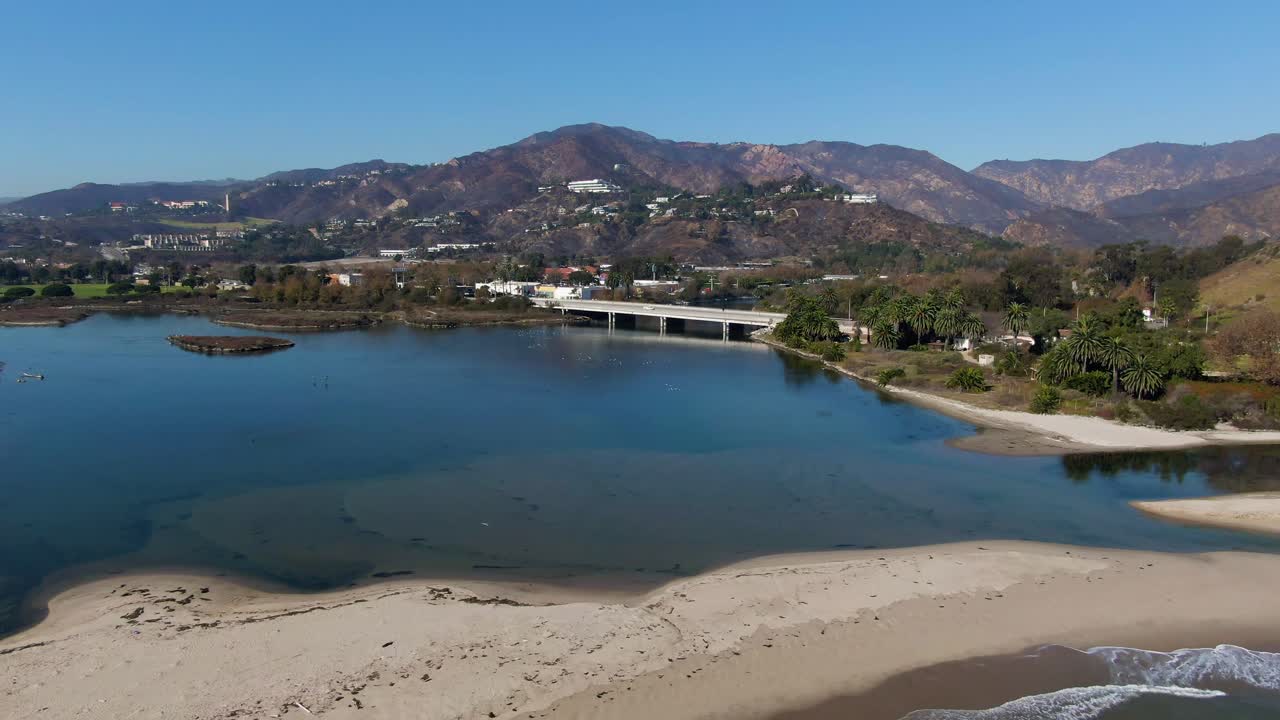 Malibu Lagoon after the Franklin Fire, entire mountain range scorched, Pepperdine University Visible