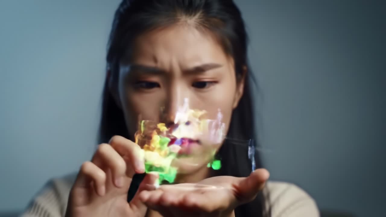 A Thoughtful Young Woman Engages with a Holographic Puzzle, Demonstrating a Blend of Technology and Imagination in a Dynamic Setting