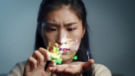 a thoughtful young woman engages with a holographic puzzle, demonstrating a blend of technology and imagination in a dynamic setting