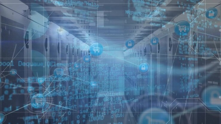 Animation of network of connections with icons and data processing over server room